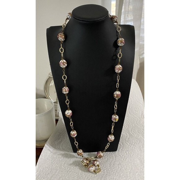 Vintage Venetian? Glass Wedding Cake Lamp Work Beaded Necklace White Pink Gold - Picture 9 of 13